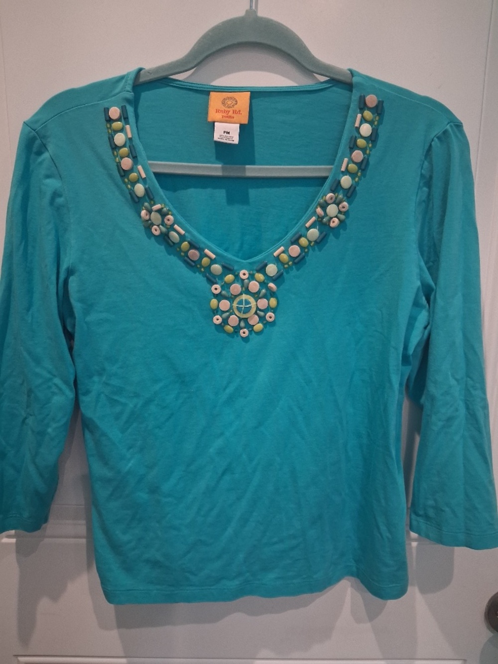 STUNNING RUBY ROAD PETITE MEDIUM BEAD EMBELLISHED COTTON KNIT TOP!
